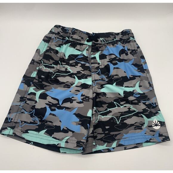 O’rageous Boys Swim Camo Sharks Board Shorts Alaskan Blue & Jasmine Green 2 Pair - Picture 2 of 11